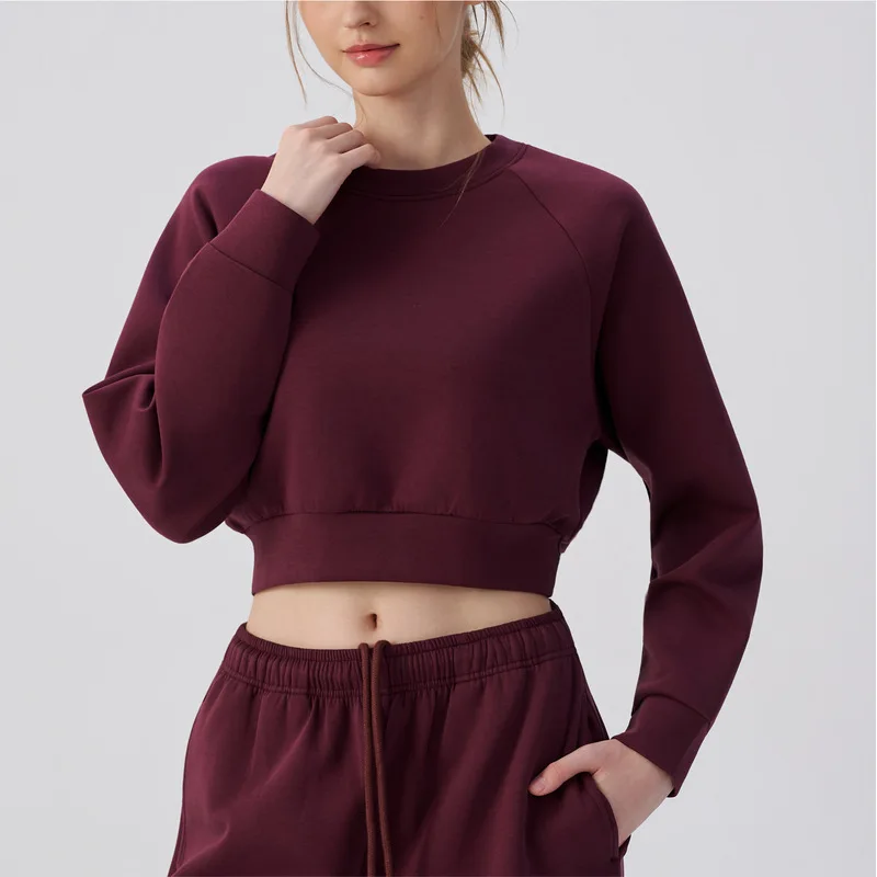 Women Round Neck Waist-length Sweatshirt Sports Tops Long Sleeve Loose Outdoor Yoga Fitness Workout Casual Top