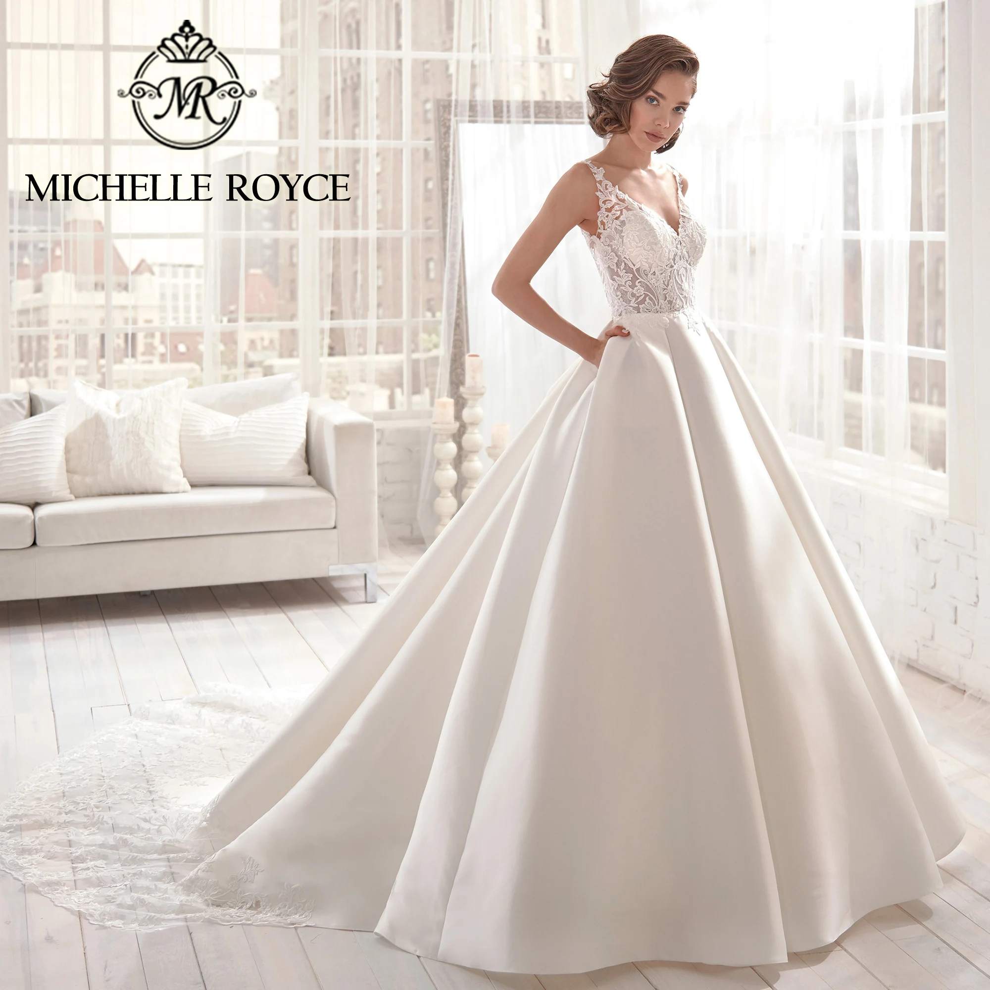 Michelle Royce Ball Gown Wedding Dresses For Women Sexy Spaghetti Straps Appliques Pockets Satin Wedding Gown Vestidos De Novia