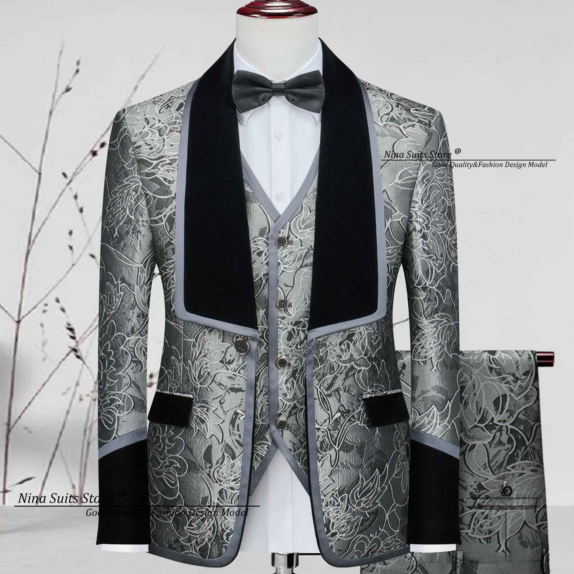 Nina Store Luxury Jacquard Suit Silver with Black Velvet Splicing 2025 High Quality Customized Men's 3-Piece Set Charming Tuxedo