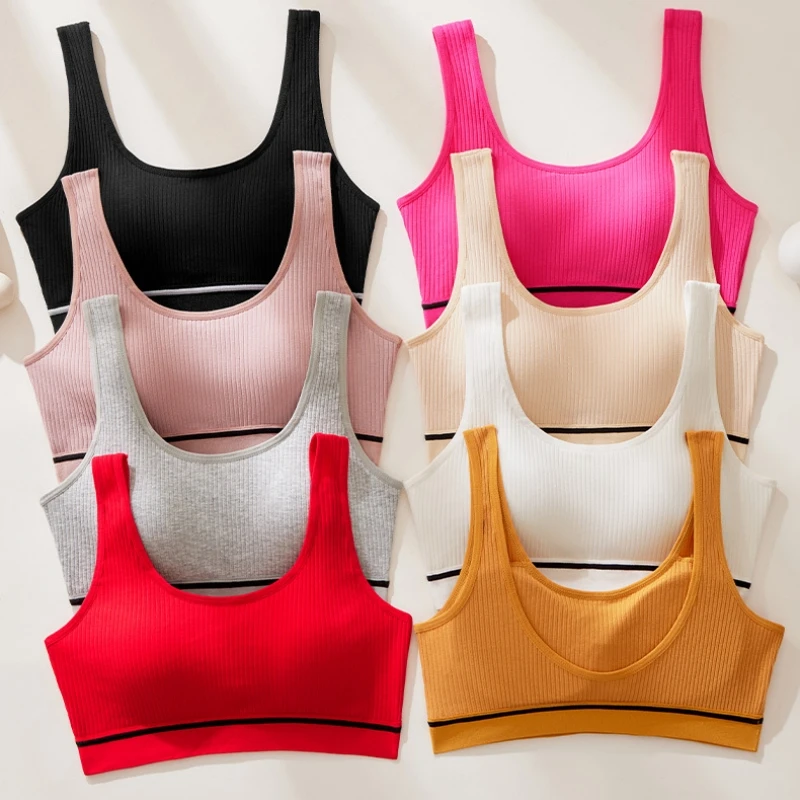 Women Cotton Bra Tops Female Soft Seamless Underwear Sexy Lingerie Solid Color Padded Sports Top Round Neck Wireless Bras