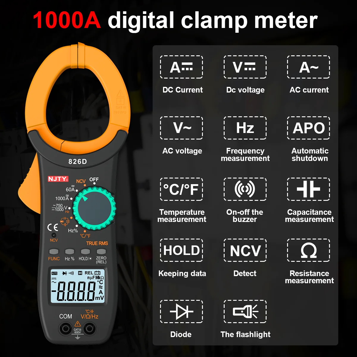 1000A Clamp Meter AC/DC Current Measurement Voltage Capacitance Resistance Meter Multimeter 1300℃ Temperature Test 6000 Counts