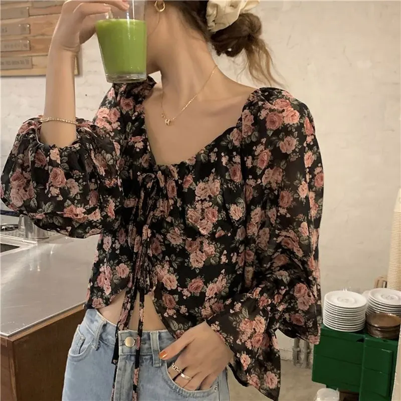 Broken Flowers Chiffon Blouse Fashion Shirring Drawstring Spring Summer Vintage Printed Women\'s Long Sleeve Elegant V-Neck Shirt