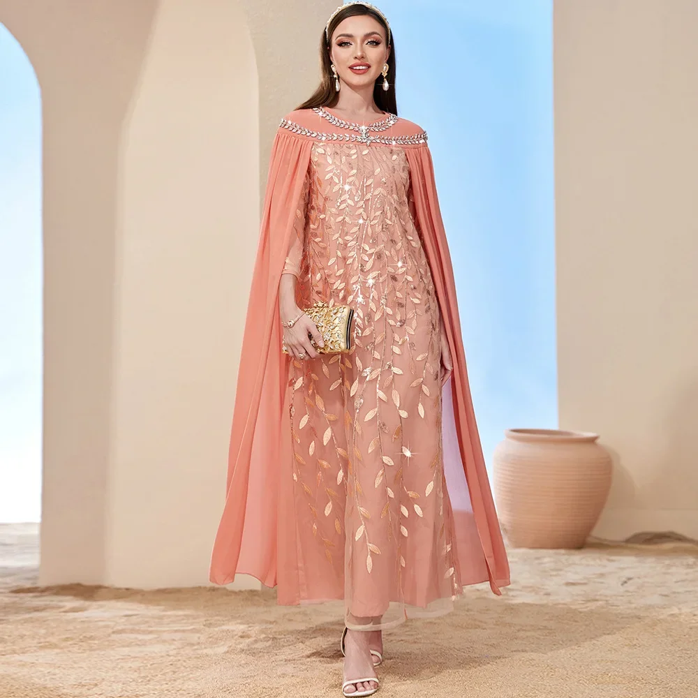 Eid Ramadan Abaya Embroidery Dress with Shawl in One Ladies Long Evening Dress Dubai Arabic Rhinestone Kaftan Islam Jalabiya