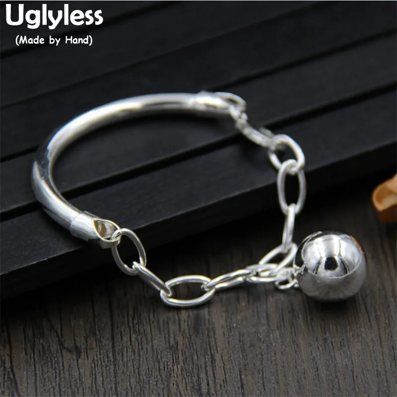 Uglyless Real 925 Sterling Silver 12MM Charms Ball Bracelet Women Spliced Chains Bracelet Bangles Simple Glossy Silver Jewelry