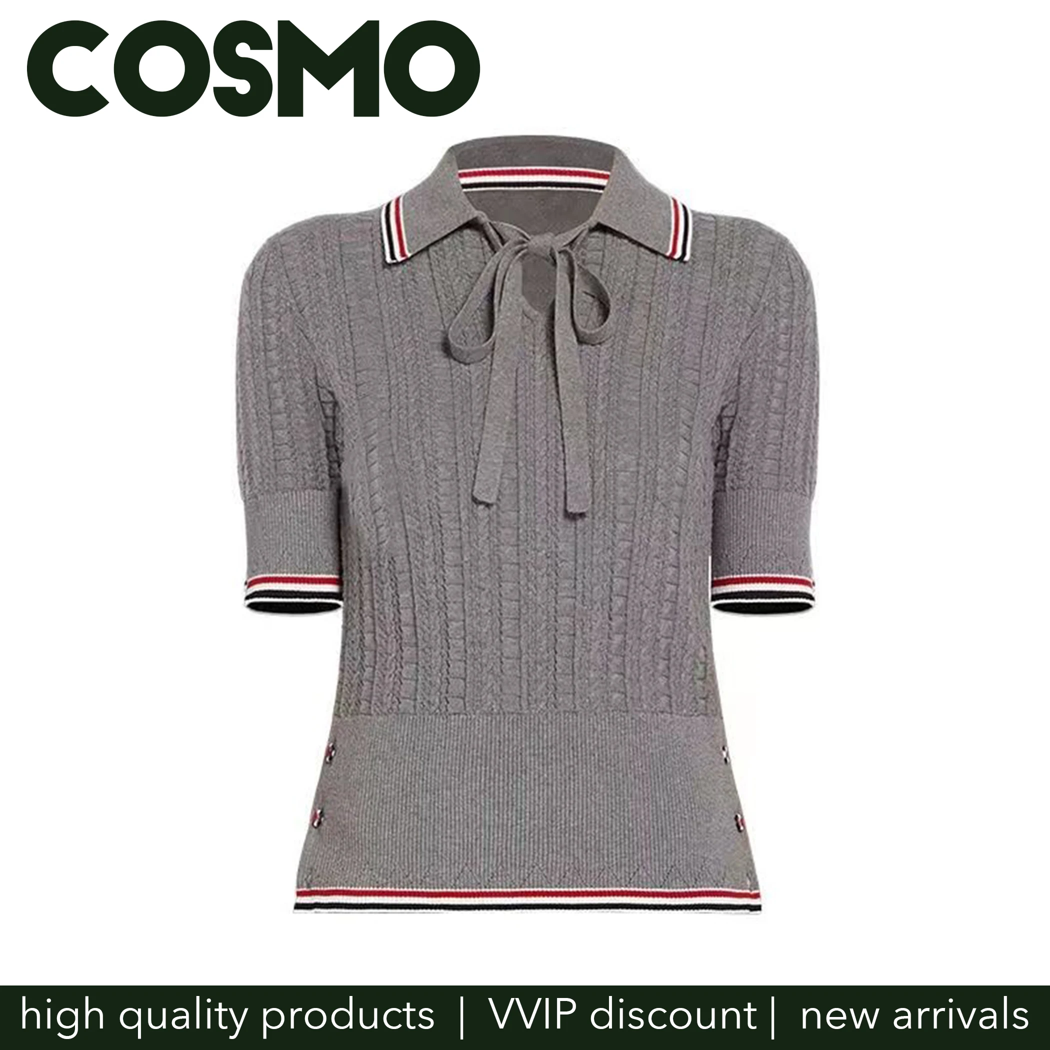 Cosmo Trendy Fashion Style Chic Striped Short Sleeves Knit T-shirt for Women Girl Bow Tie Tees Fashion Girl Casual Slim Fit