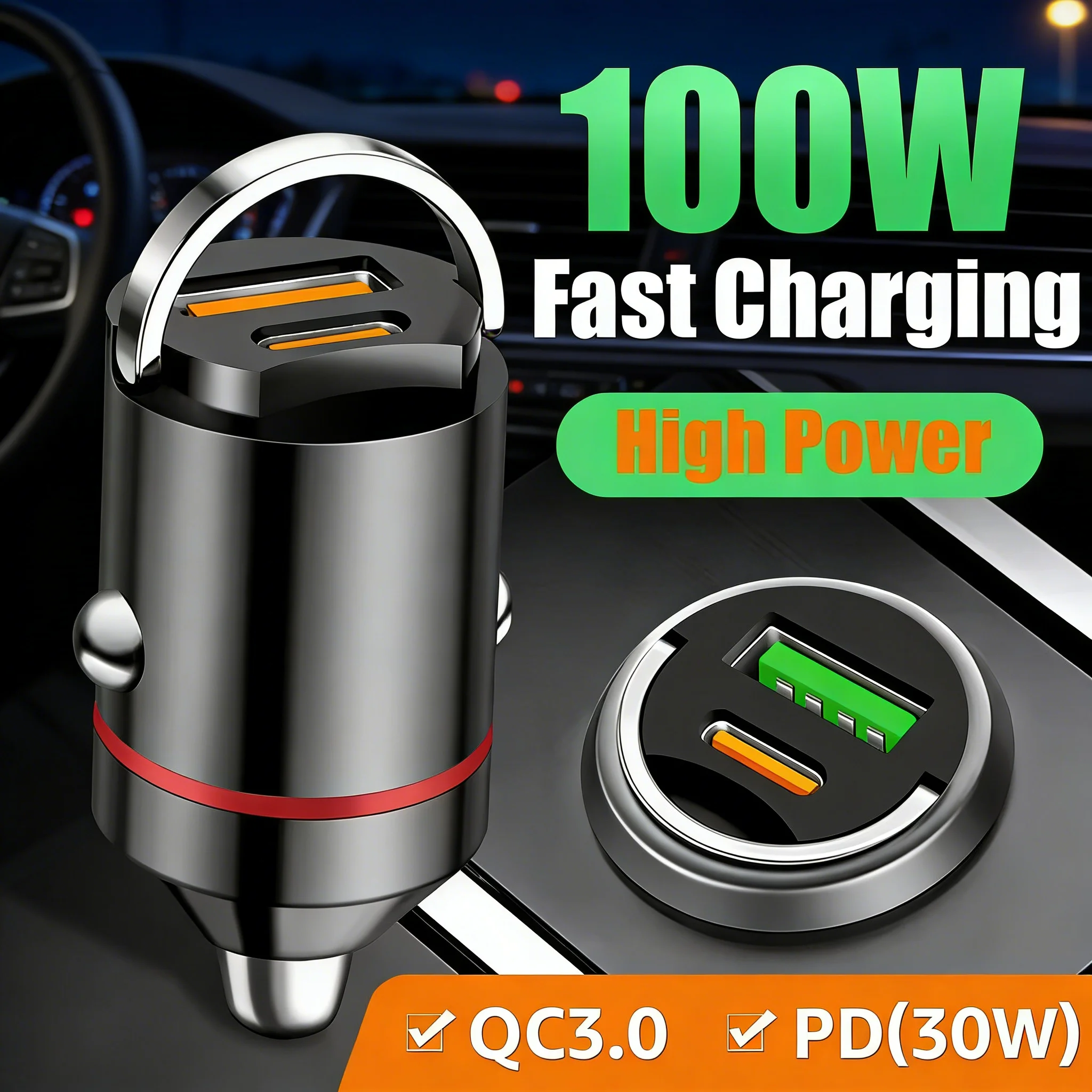 100W Mini Auto-Ladegerät USB PD Dual-Ports Typ C Superschnelles Laden USB QC3.0 Telefonladegerät Adapter für Zigarettenanzünder-Buchse