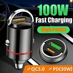 100W Mini Car Charger USB PD Dual Ports Type C Super Fast Charging USB QC3.0 Phone Charger Adapter for Cigarette Lighter Socket