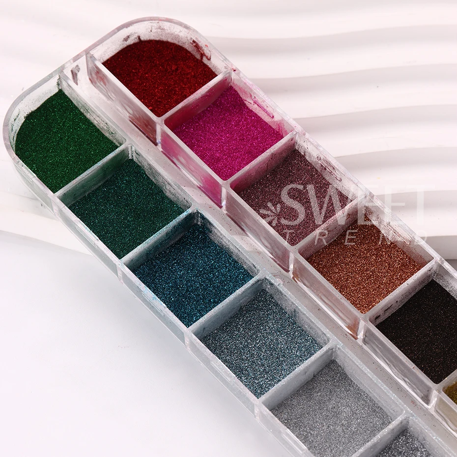 12 Farben Nagel Glitter Aurora Spiegel Pulver Chrom Staub Pigment Farbe Dip Metallic glänzend mit magischem Effekt Staub Maniküre Design