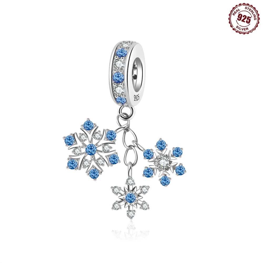 S925 Sterling Silver Triple Snowflake Dangle Charm Blue Clear Crystal Winter Blessing Bead Fit Bracelet Christmas Jewelry Gift
