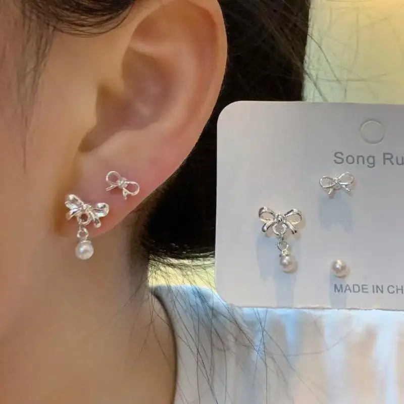 3 Pairs Silver Bow Pearl Stud Earrings Set Sweet Lovely Fashion Jewelry for Female Students Daily Wear Prom Dates Gift