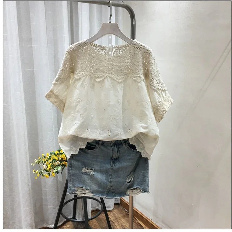 Embroidery Hollow Women Shirts Fashion Loose Short Sleeve Shirt  Summer Comfortable Casual Female Tops O-Neck Ladies Clothes