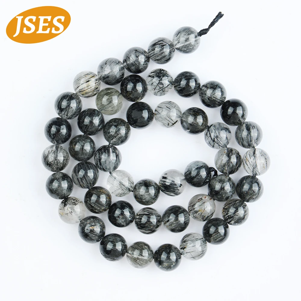 Top Natural Madagascar Black Rutilated Quartz Crystal Round Loose Spacer Bead for Jewelry Making Bracelet DIY Gift Accessories