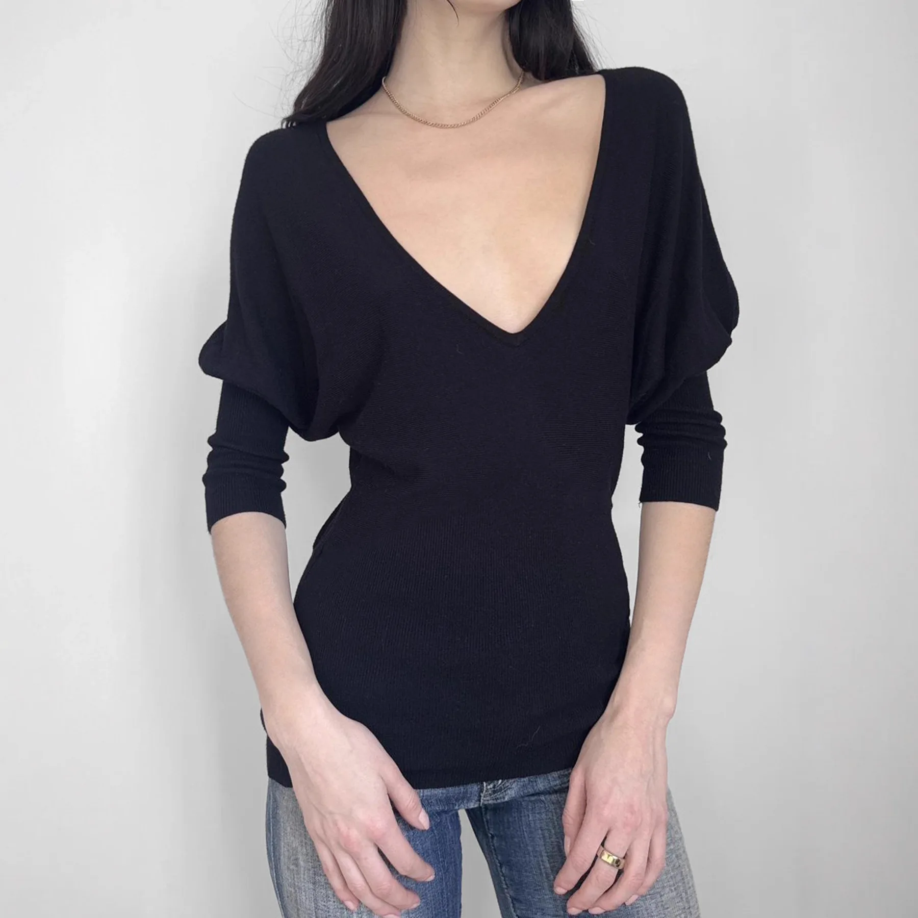 

Women Half Sleeve T-shirt 2026 Spring Summer New Women's Deep V Neck Knitted Top Waist Casual Batwing Long Sleeve Elegant Blouse