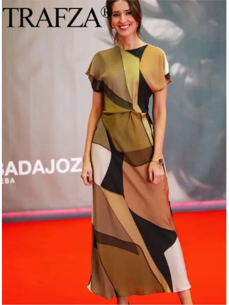Fashion Print Long Dresses Woman 2025 New Summer Elegant Vintage Casual Satin Midi Dress O-neck Short Sleeve Party Evening Dress