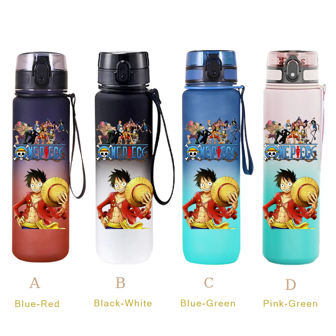 Botol Air ONE PIECE 650ML Anti Bocor dengan Tutup Lipat Pengunci, Botol Minum Portabel untuk Luar Ruangan, Gym, Wadah Plastik Berwarna-warni, Hadiah