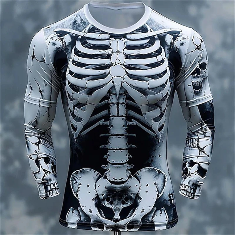 New 3D Skeleton Skull Pattern Printed T-shirt Men Long Sleeve Casual Fashion T Shirt Top Breathable Streetwear Loose Tees Shirt