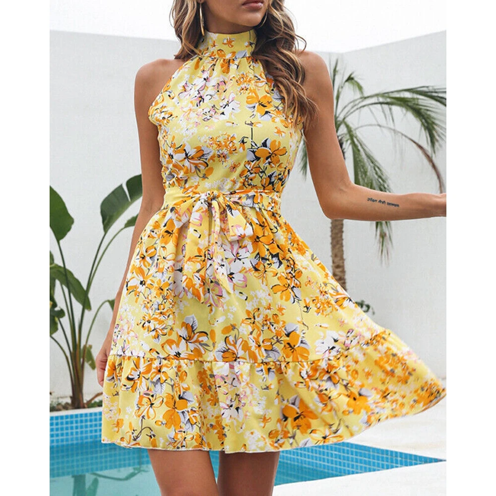 

Summer Women Floral Print Sleeveless Dress With Belt Fashion Mock Neck Ruffle Hem Mini Short Dresses Femme Robe Outfits traf