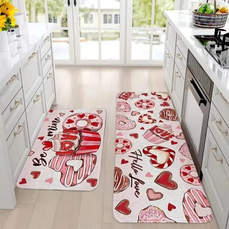 Donut & Cake Print Valentine's Day Door Mat Set Heart Romantic Welcome Rug for Kitchen Decor
