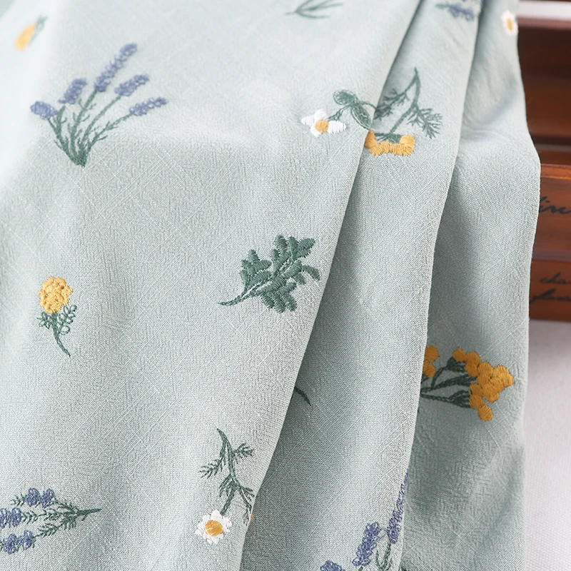 High quality linen rayon fabric Mori floret embroidery tecido Spring and autumn custom clothing skirt shirt materiale
