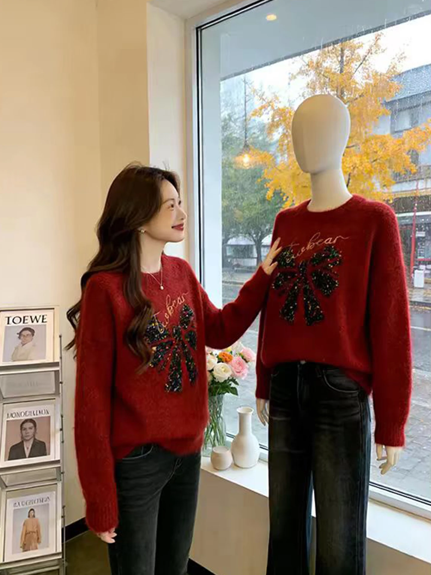 

Red Knot Knitted Sweater Women's Winter Large Size Lazy High-End Inner Wear Top Comfortable oulder Fit Long Sve