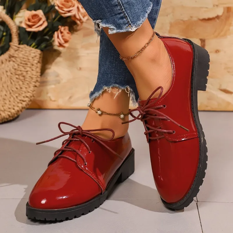 Mocasines de suela suave Moda Punta redonda Boca profunda Con cordones Antideslizante Resistente al desgaste Tacón medio Zapatos bajos