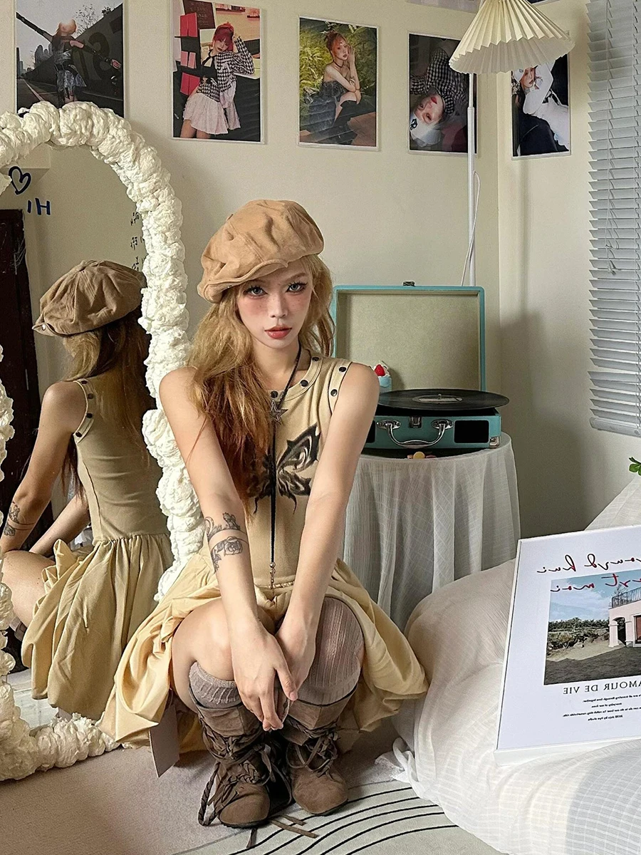 RORORIRI ผีเสื้อพิมพ์มินิเดรสผู้หญิงพังก์หมุดย้ำ O-คอแขนกุด SLIM FIT PUFFY BUD วันพีซ GREYU VINTAGE เสื้อผ้า