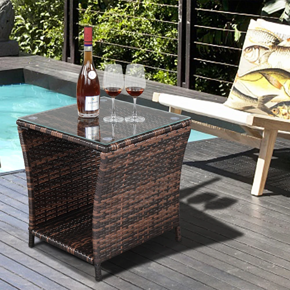 Glass Surface Brown Gradient Iron Frame Rattan Side Table