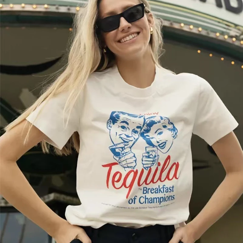 Enjoy Tequila Retro Graphic Cotton Tee Women Cute Funny Alcohol Drinking T-Shirts Vintage Fashion T Shirts Tops Unisex Clothing