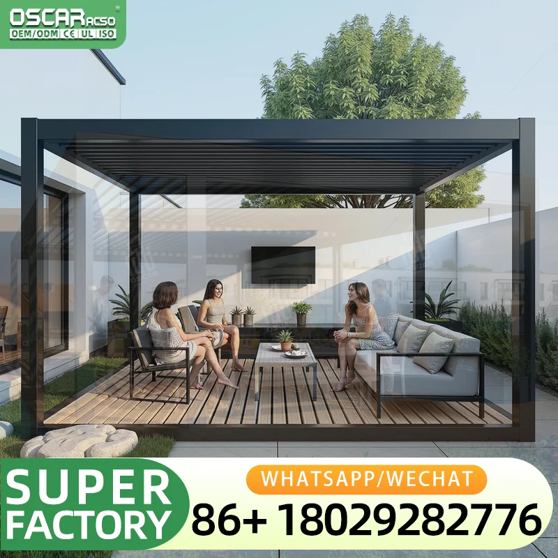 Outdoor Waterproof Aluminum Patio Shelter with Shade Curtains for Backyard Balcony Terrace Outdoor Structure pergola