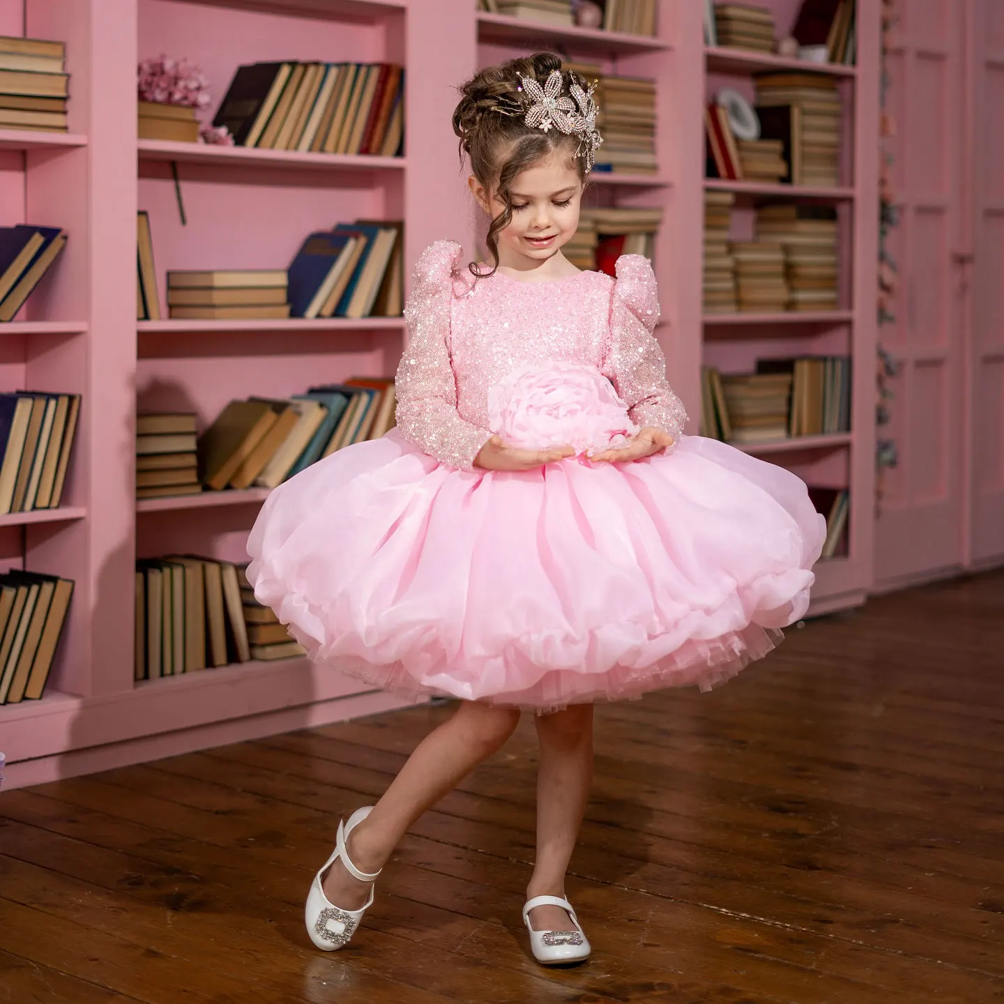 

Jill Wish M001 Princess Baby Girl Dress Lace Handmade Flowers Arabic Style 1st Birthday Wedding Party Evening Gown for Kids