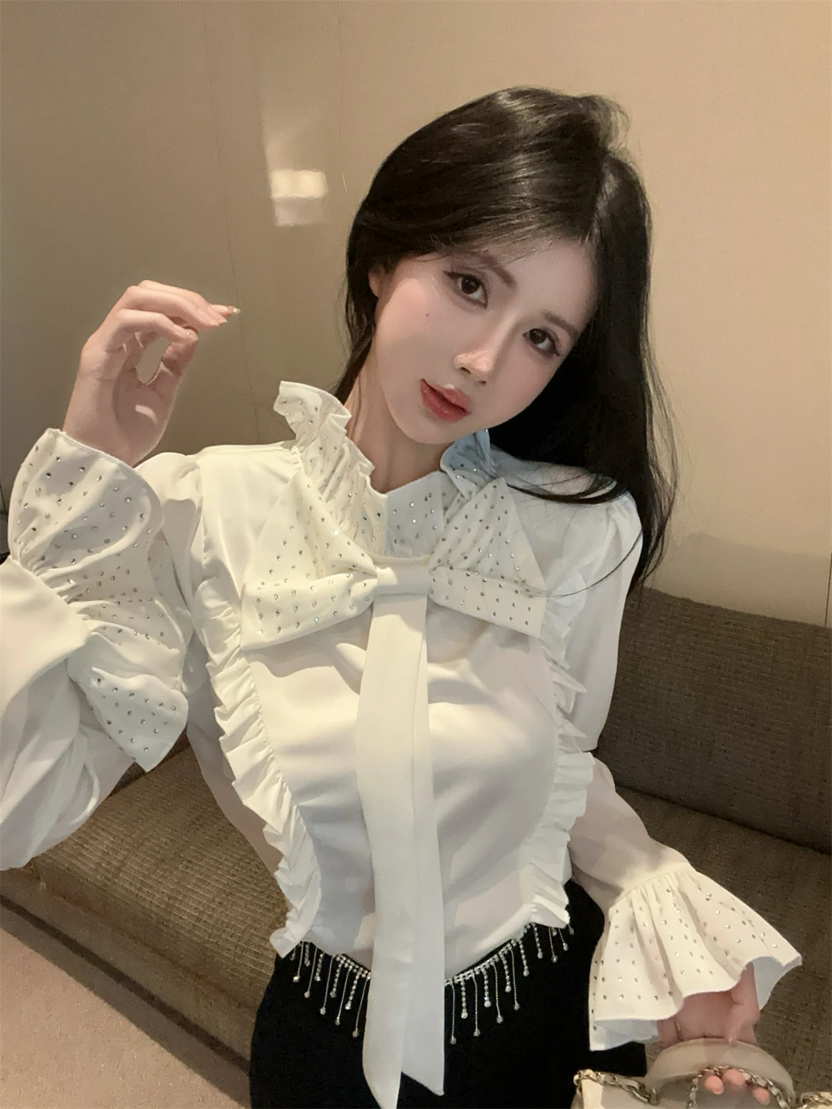 

Heavy Embellished Satin Shirt Women's Early Spring Knot Half High Collar Blouse Flounce Hem Court Style Shirt