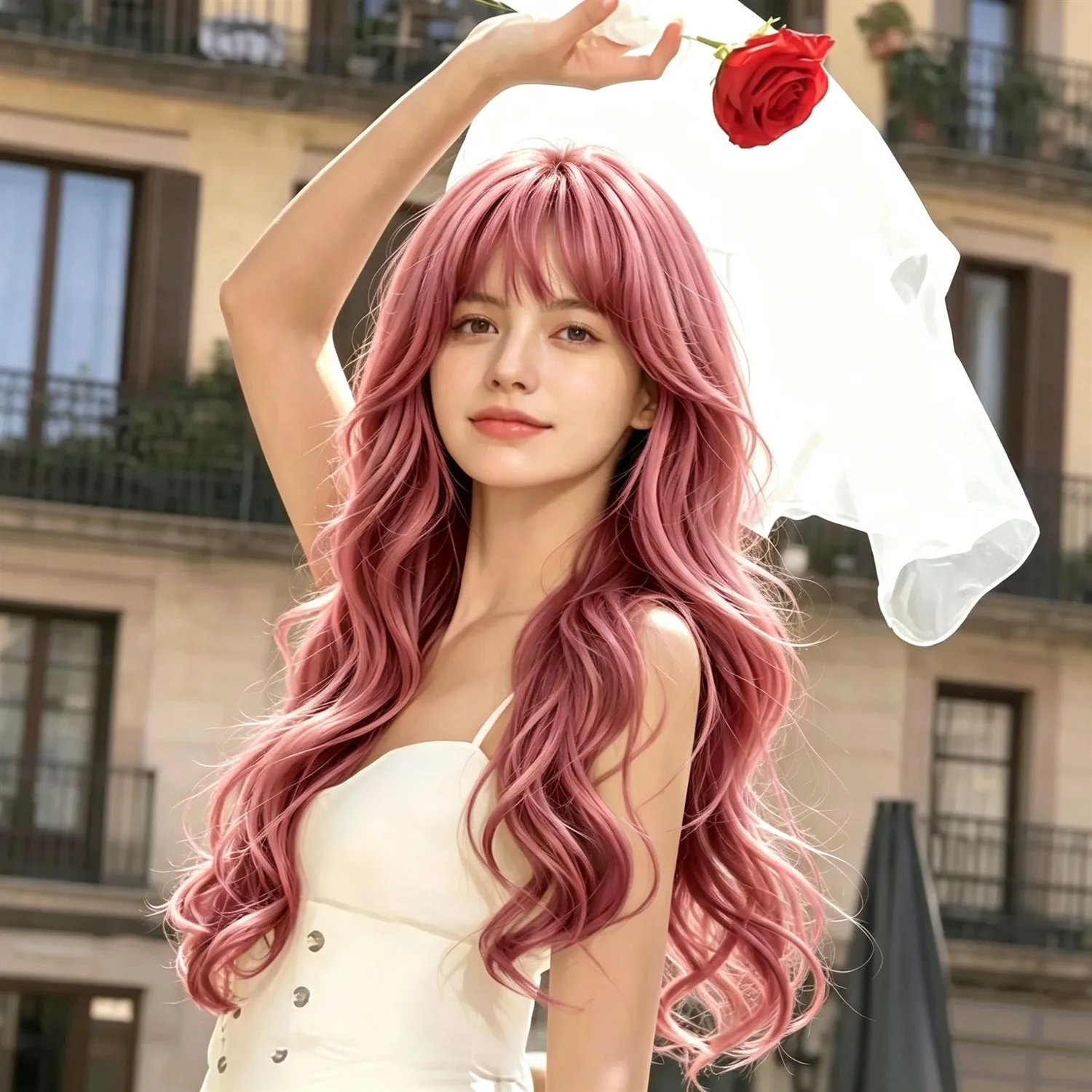 Pink Body Wave Wig 24 Inch Pastel Pink Ombre Heat Resistant Synthetic Wig For Women Cosplay Party