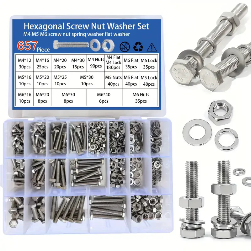 

657-teiliges Set aus hochwertigen Edelstahl-Sechskantschruben, Schrauen Muttern