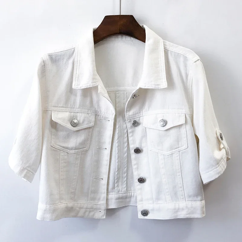 Summer Women Thin White Rose Red Denim Jacket Coat Slim Short Student Cowboy Outerwear Pocket Short Sleeve Jeans Jacket Female