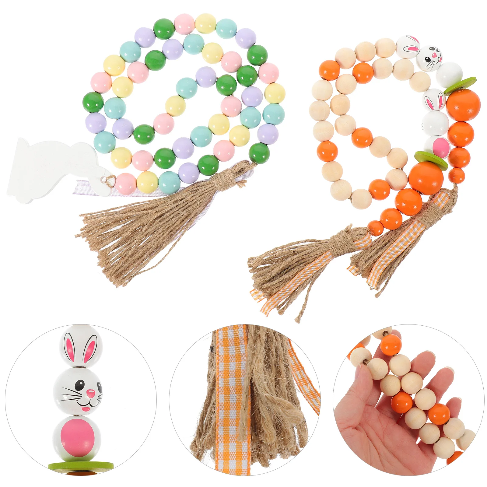 

2Pcs Wooden Bead Garland Easter Decoration Rabbit Theme Hanging Beads String Pendant for Mirror Door Window Bedside Festive Home