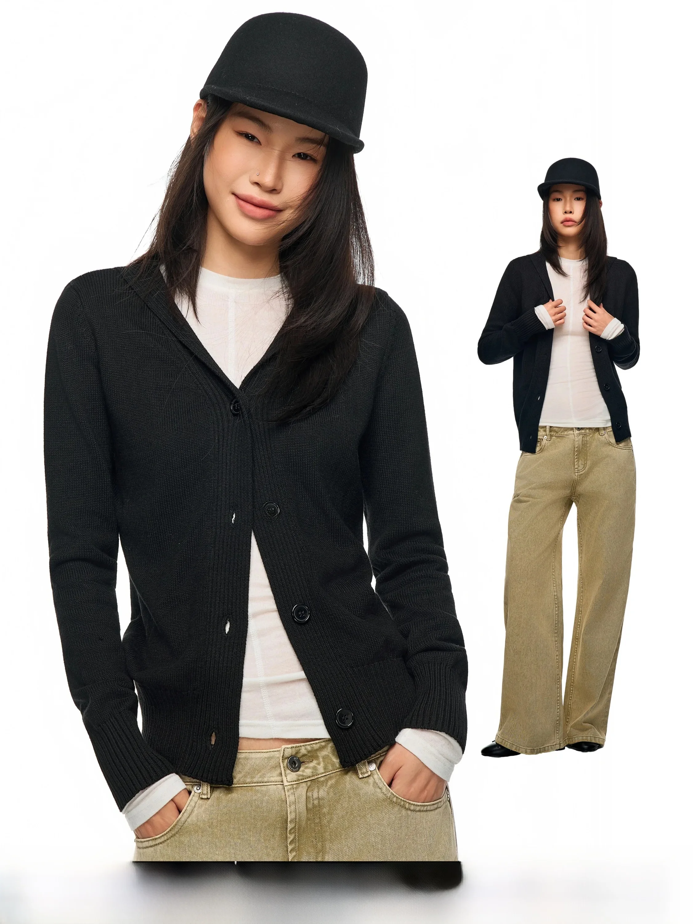 American Style Loose Fit Black Knitted Cardigan Women's Casual Wear Autumn New Arrival Button up Slimming Versatile Top