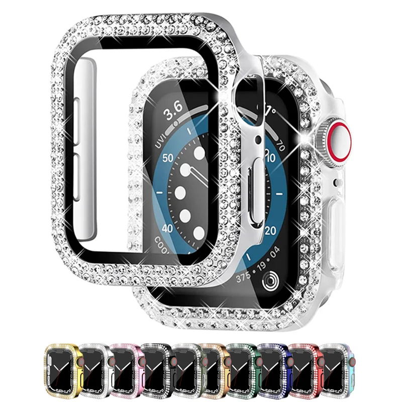 Cubierta de diamante para funda de Apple watch, Protector de pantalla de parachoques de vidrio templado de 45mm, 44mm, 41mm, 40mm, 42mm, 38mm, serie