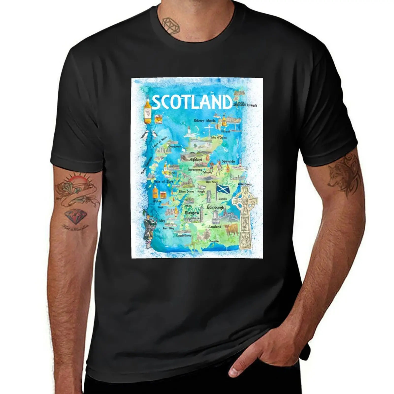 

Scotland Illustrated Map with Landmarks and Highlights T-Shirt customs design your own hippie clothes tops Men's t shirts