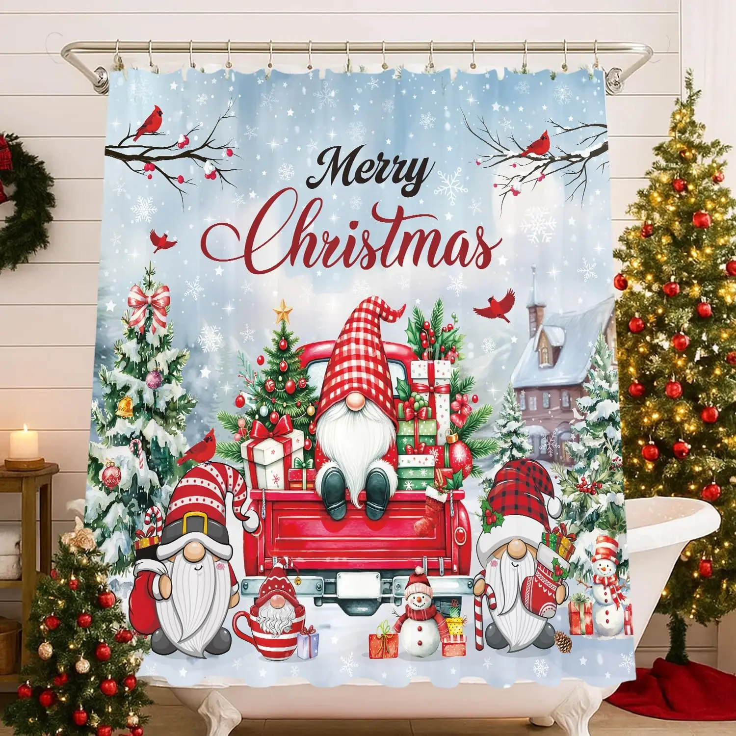 

Красная мультяшная рождественская занавеска для душа, веселая рождественская занавеска для ванны, милая рождественская водонепроницаемая занавеска для праздничного домашнего декора ванной комнаты