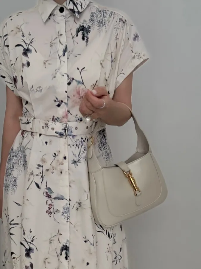 Ele Retro Watercolor Print Color Blo Long Dr Women's Summer New High Waist Design Cotton 00% Gown with Belt