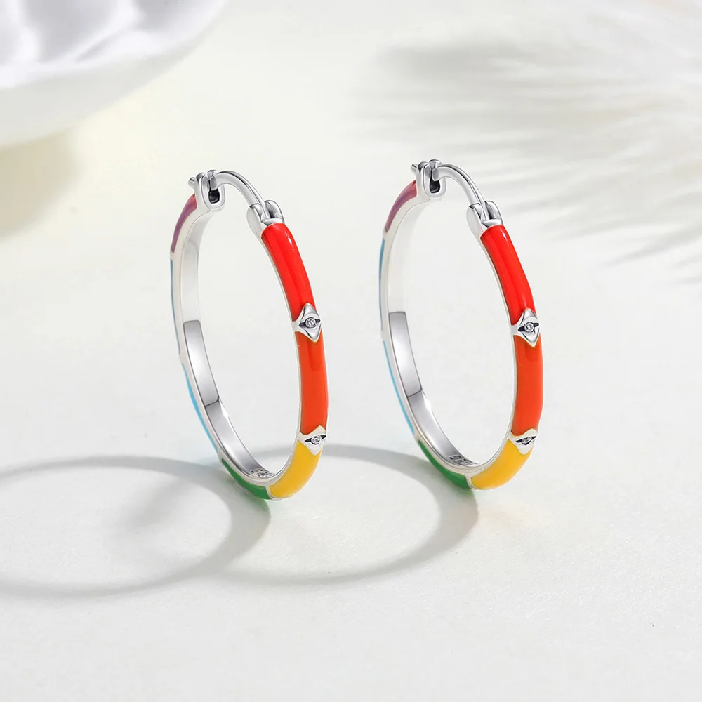 New Original 925 Silver Rainbow Ear Hoop 28mm Earring For Women Daily Wear Hope Stud Earring Fashion Classic Birthday Gift Love