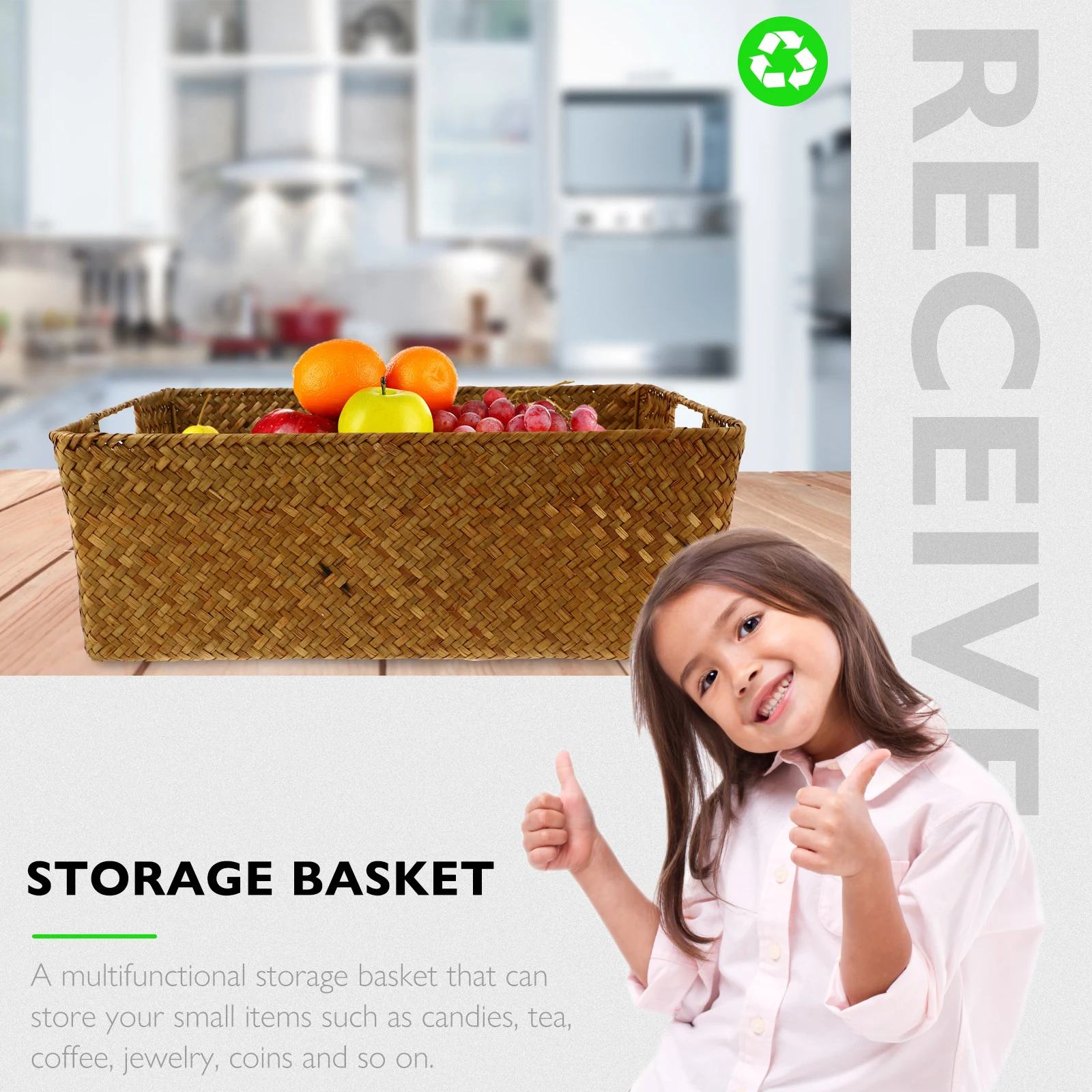 

1pc Natural Rectangular Seaweed Woven Storage Basket Home Laundry Hamper Fruit Container Handwoven Bin for Child Room Decor