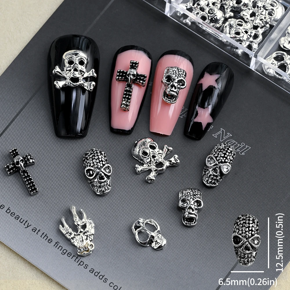 30 قطعة خمر الشرير الصليب الجمجمة هالوين مسمار السحر ثلاثية الأبعاد الفضة الأسود هيكل عظمي معدني مجوهرات أظافر لتقوم بها بنفسك مسمار الفن الحرفية الديكور *