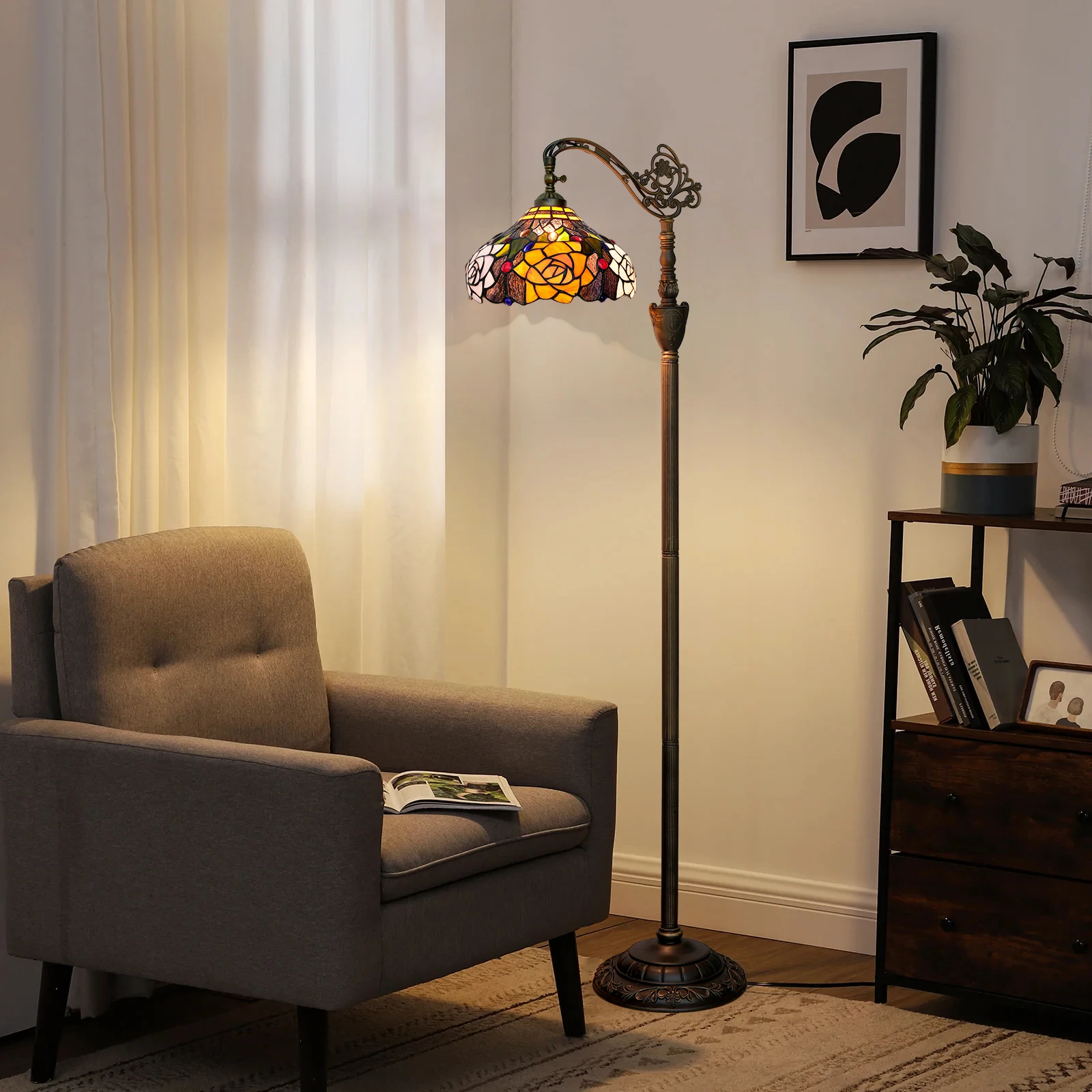 Tiffany Floor Lamp,Adjustable Stained Glass Gooseneck Reading Light Vintage Rose Style, Arched Tall Standing Design, For Office