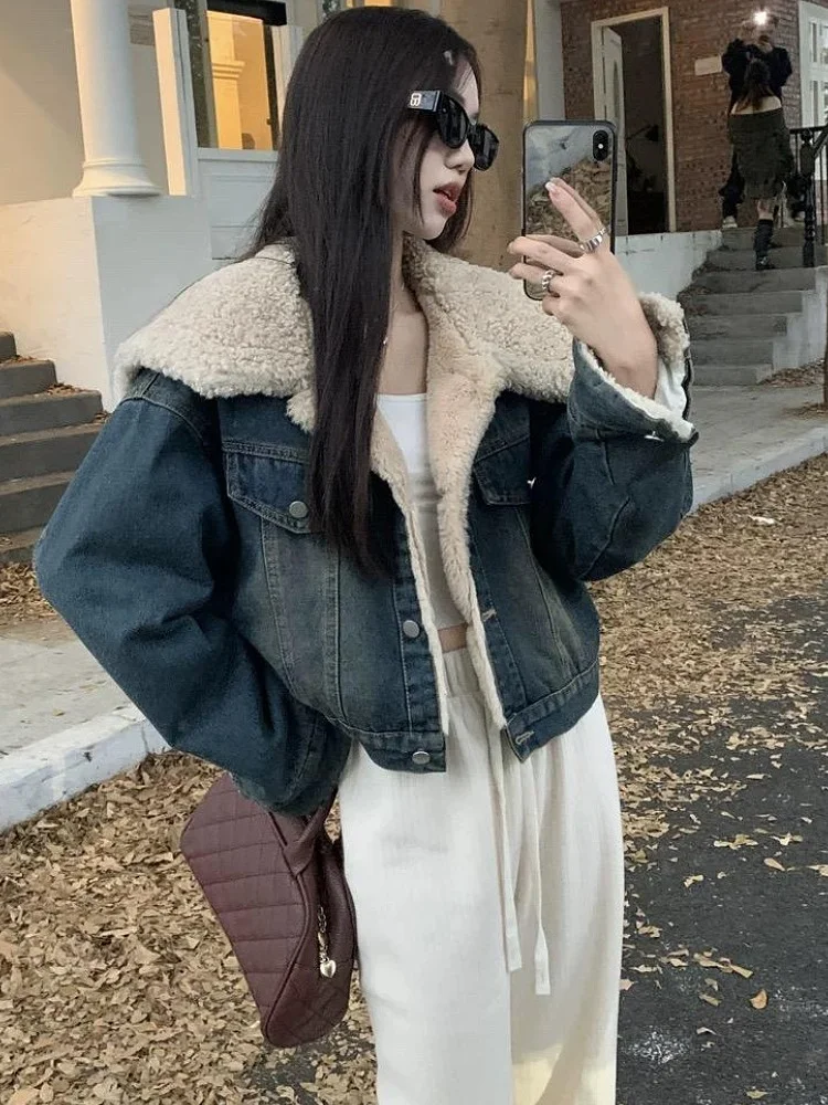 

Women's Fce Lined Thiened ort Denim Jaet Slim Fit Faionable Large Collar Top for Autumn Winter New Arrival