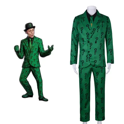 Halloween Carnival Clothes Cosplay Villains Riddler Cosplay Costume Joker Outfit with Hat Adult Men Green Jacket SUIT