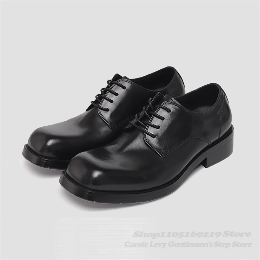 Elegant Black Square Headed Cowhide Derby Shoes Increased Height Daily Commuting Men's Formal Wear Casual Leather Shoes