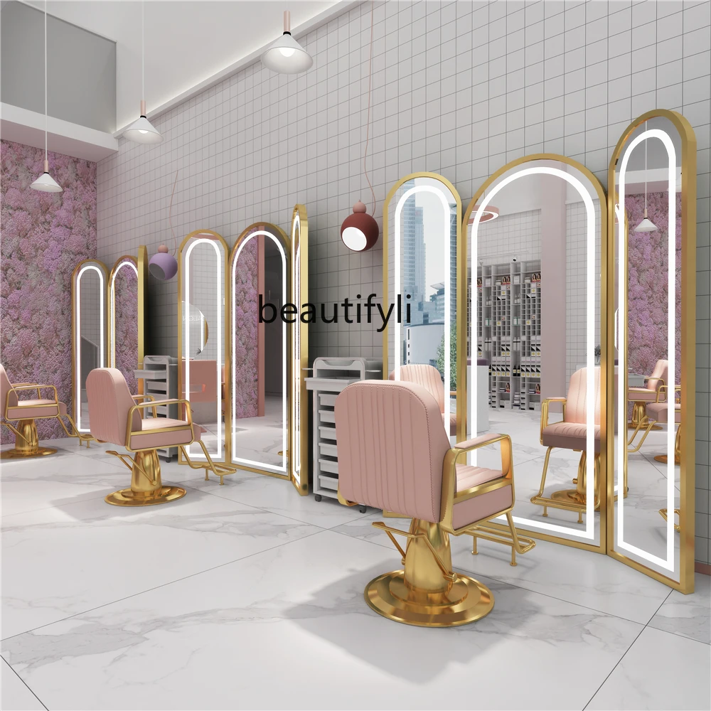 Hair Salon Mirror with Light 3am Haircut Mirror for Hair Salon Single-Sided Floor-Type Hair Cutting Dressing Table