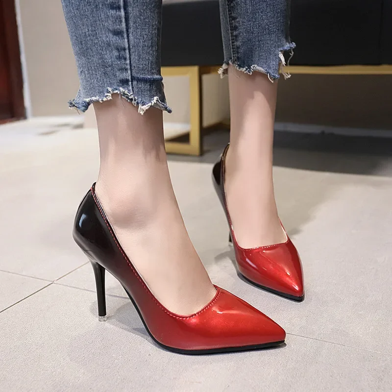 Plus Size 34-43 Hot Women Shoes Pointed Toe Pumps Patent Leather Dress High Heels Boat Wedding Zapatos Mujer Blue Wine Red