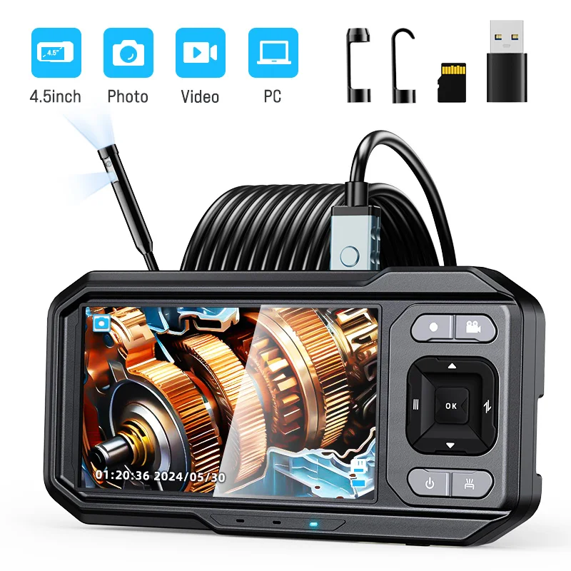 4.5'' IPS Endoscope Camera 1080P Dual Lens Inspection Borescope for Pipe Car Repair 16.5ft IP67 Digital Camera Cable, 180° View